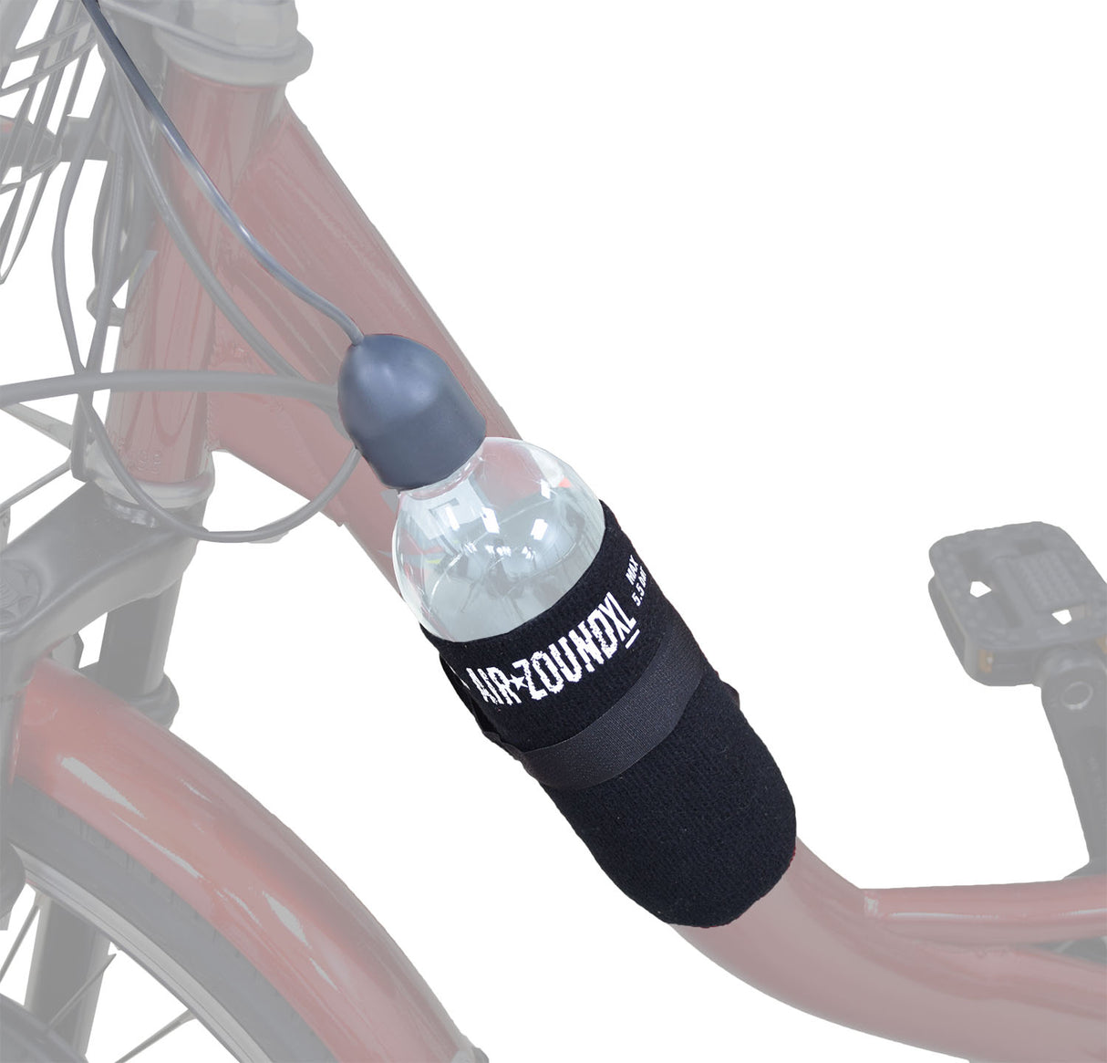 Air Zound Horn for Bikes attached to a bicycle, with its air reservoir securely mounted in the bottle cage, showcasing the innovative design for easy refilling with a bike pump.