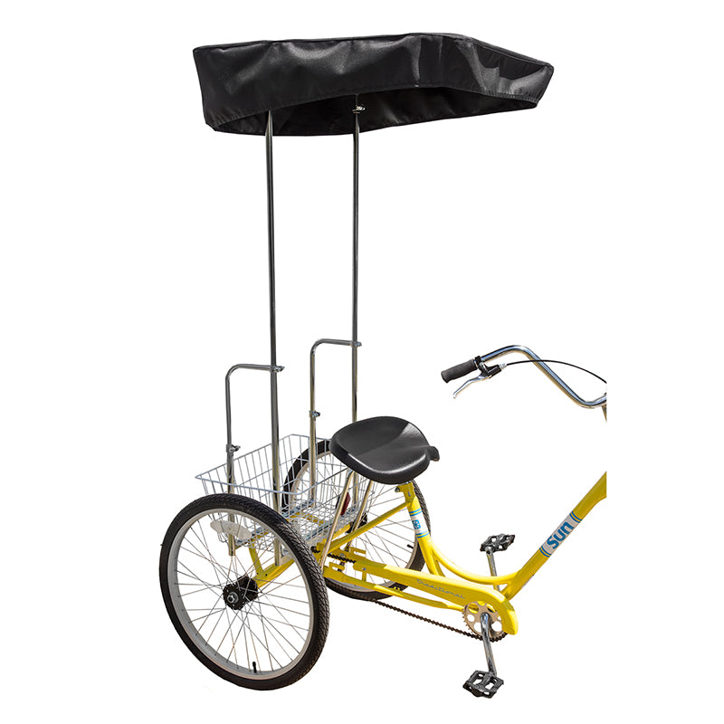 27 x 31 Adjustable Height Canopy for Adult Trikes shown mounted on a yellow bicycle, featuring a black cover and a basket. Ideal for adult trikes like the Schwinn Meridian.