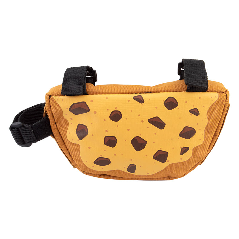 Cookie Frame Bag for Bikes: Small yellow bag with a chocolate chip cookie design, attaches to bike frame with Velcro straps, and features a secure zipper for 60 cubic inches of storage.