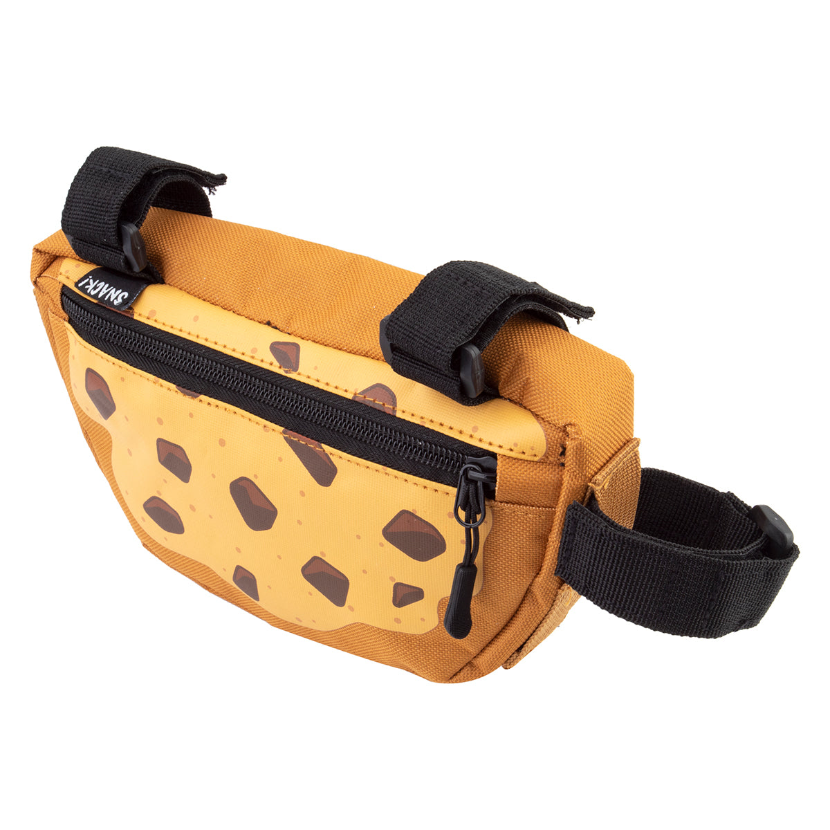 Cookie Frame Bag for Bikes with a chocolate chip cookie print, featuring a black strap, zipper closure, and sturdy construction for secure bike mounting.