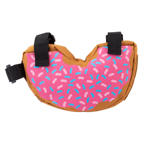 Doughnut Frame Bag for Bikes, shaped like a donut with sprinkles, straps onto bike frames with Velcro, providing 60 cubic inches of storage in a sturdy 600D polyester pouch secured by a zipper.