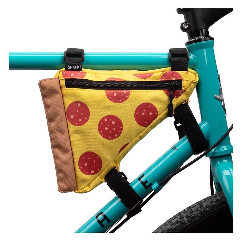 Pizza Frame Bag for Bikes: Triangular bag shaped like a pepperoni pizza slice, attaches to bike frame with Velcro straps, features a zipper and ample space for essentials.