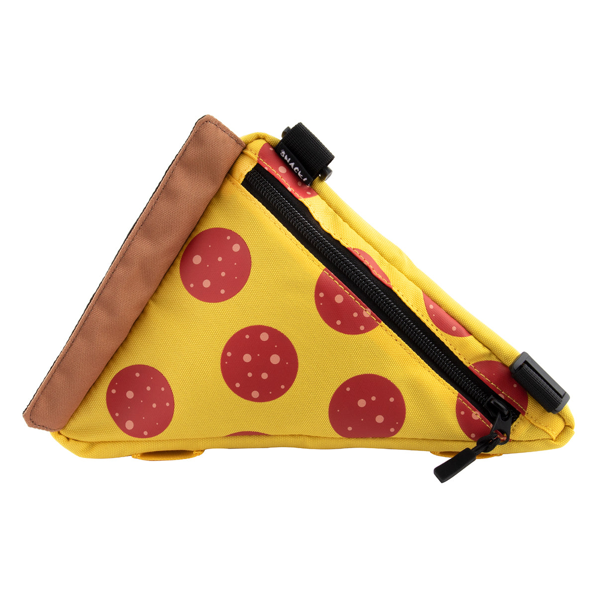 Pizza Frame Bag for Bikes shaped like a slice of pepperoni pizza with a triangular design, red polka dots, and a black strap, easily secures to the bike frame with Velcro straps.