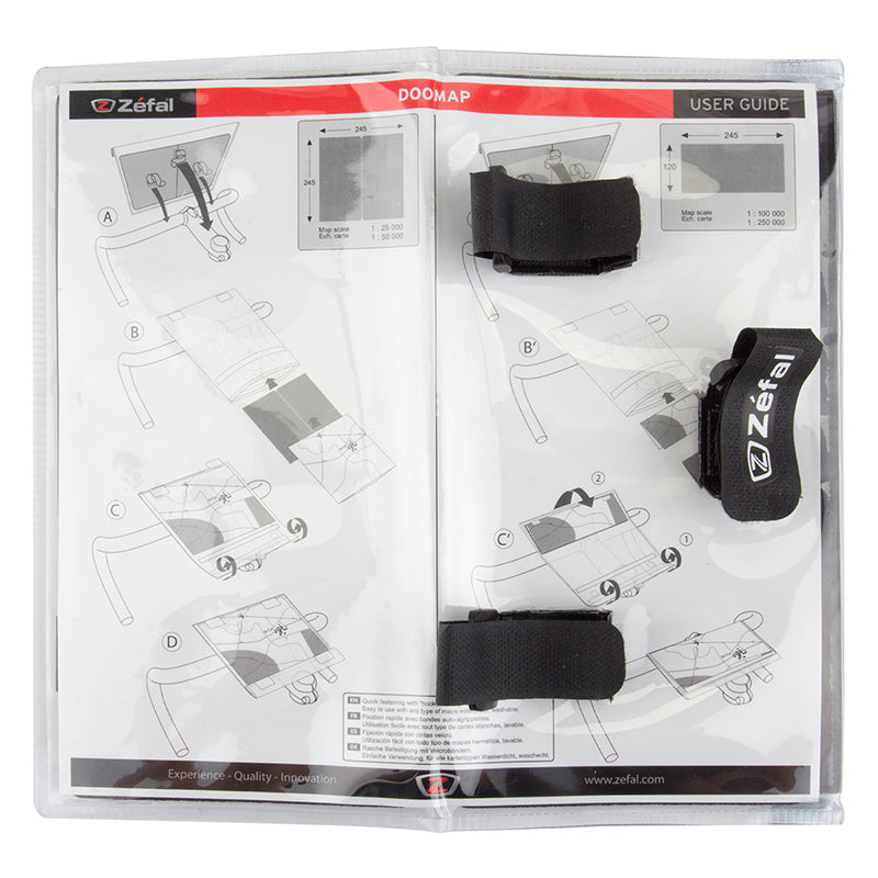 Doomap Handlebar Mount Map Case for Bikes shown in packaging, featuring a black strap and instruction booklet. This weatherproof, washable case mounts with velcro straps, ensuring secure attachment to bike handlebars.