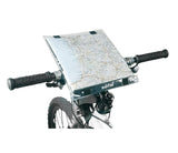 Doomap Handlebar Mount Map Case for Bikes secured on handlebars, displaying an open map. The case is attached with velcro straps, showcasing its practical design for outdoor cycling and navigation.