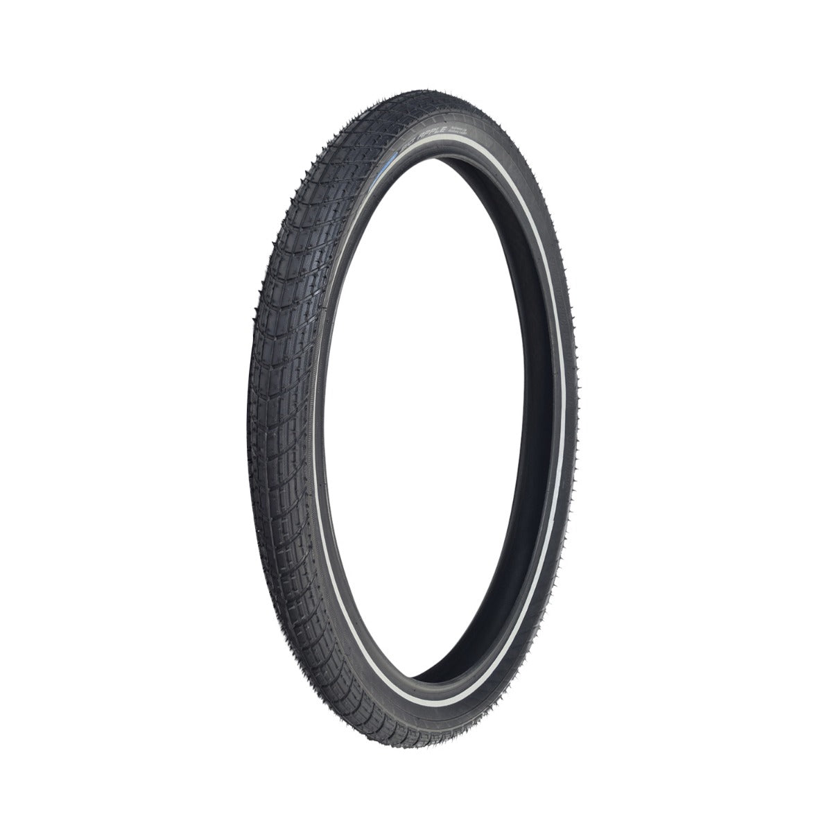 20x2.0 (50-406) Big Apple Perf Lite Tire for Bicycles, featuring a smooth black surface with a distinctive white stripe, designed for a cushioned ride and enhanced low light visibility.