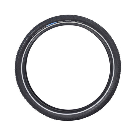 20x2.0 (50-406) Big Apple Perf Lite Tire for Bicycles, close-up view shows a tire with a white stripe and a visible logo, highlighting its smooth and durable design.