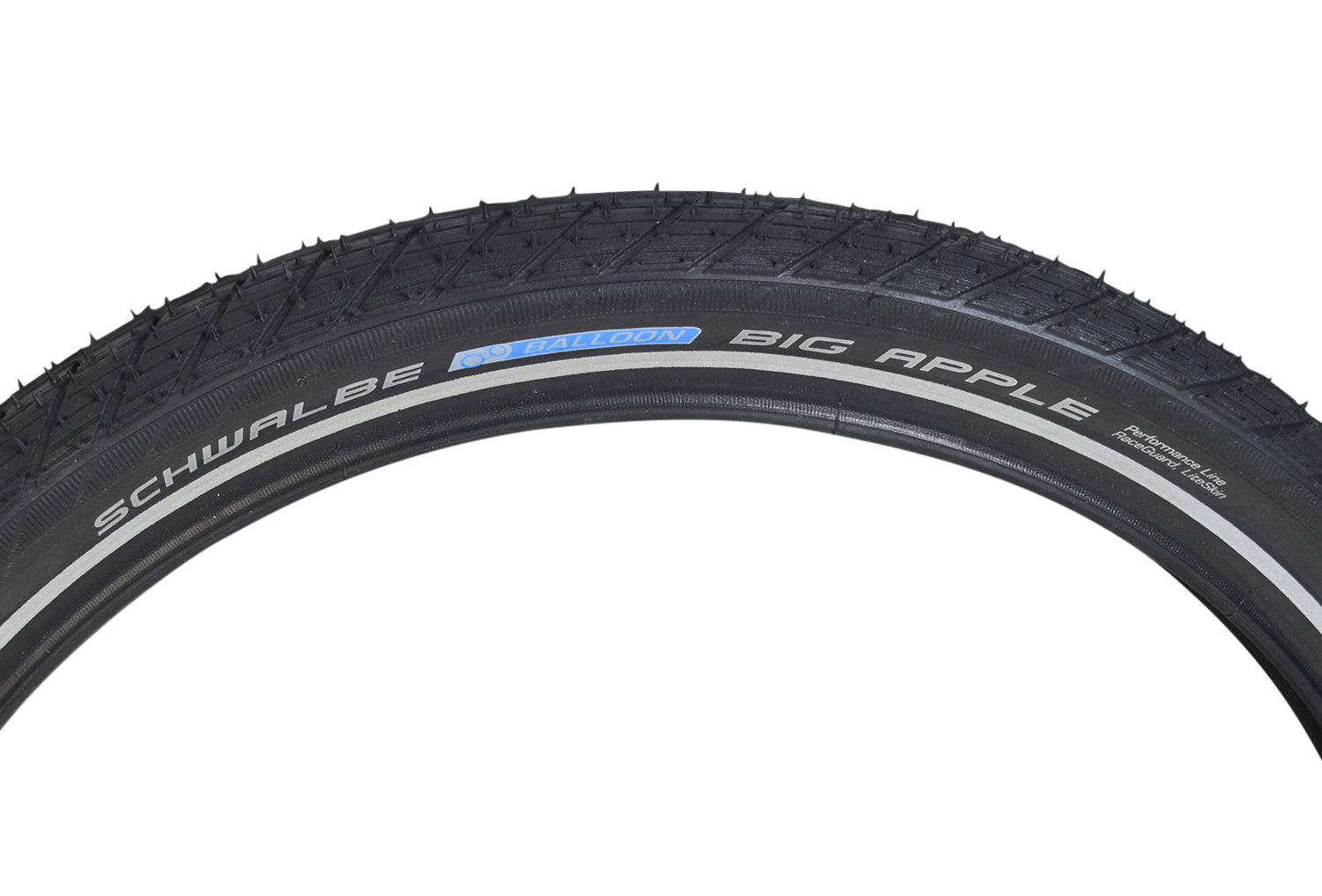 20x2.0 (50-406) Big Apple Perf Lite Tire for Bicycles featuring a black rubber tread with a white sidewall stripe, designed for smooth, low rolling resistance on hard pavement.