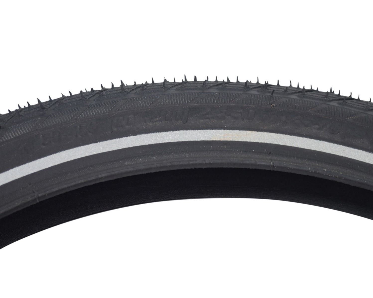 Close-up of a 20x2.0 (50-406) Big Apple Perf Lite Tire for Bicycles by Schwalbe, featuring a black tread with a white reflective stripe for increased visibility.