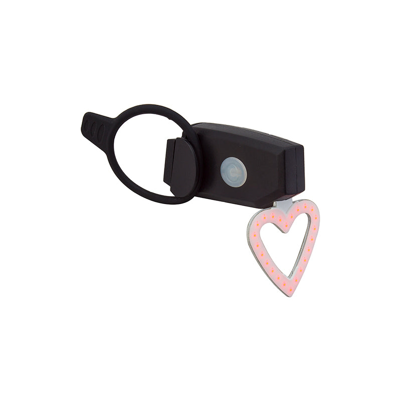 HeartThrob USB Tail Light for Bikes & Scooters, a heart-shaped rear safety light with a black ring, designed for easy attachment to a bike seat post. Features five illumination modes and a rechargeable battery.