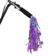 Handlebar Streamers for Bikes & Scooters featuring purple and blue tassels with flowery decorations.