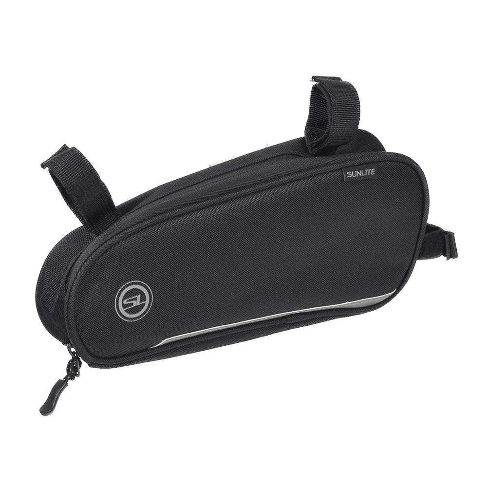 EpicTour Small Bag for Bikes & Scooters by Sunlite, featuring a two-compartment design with heavy-duty zippers and seven velcro straps for frame mounting, constructed from water-resistant 600D polyester.