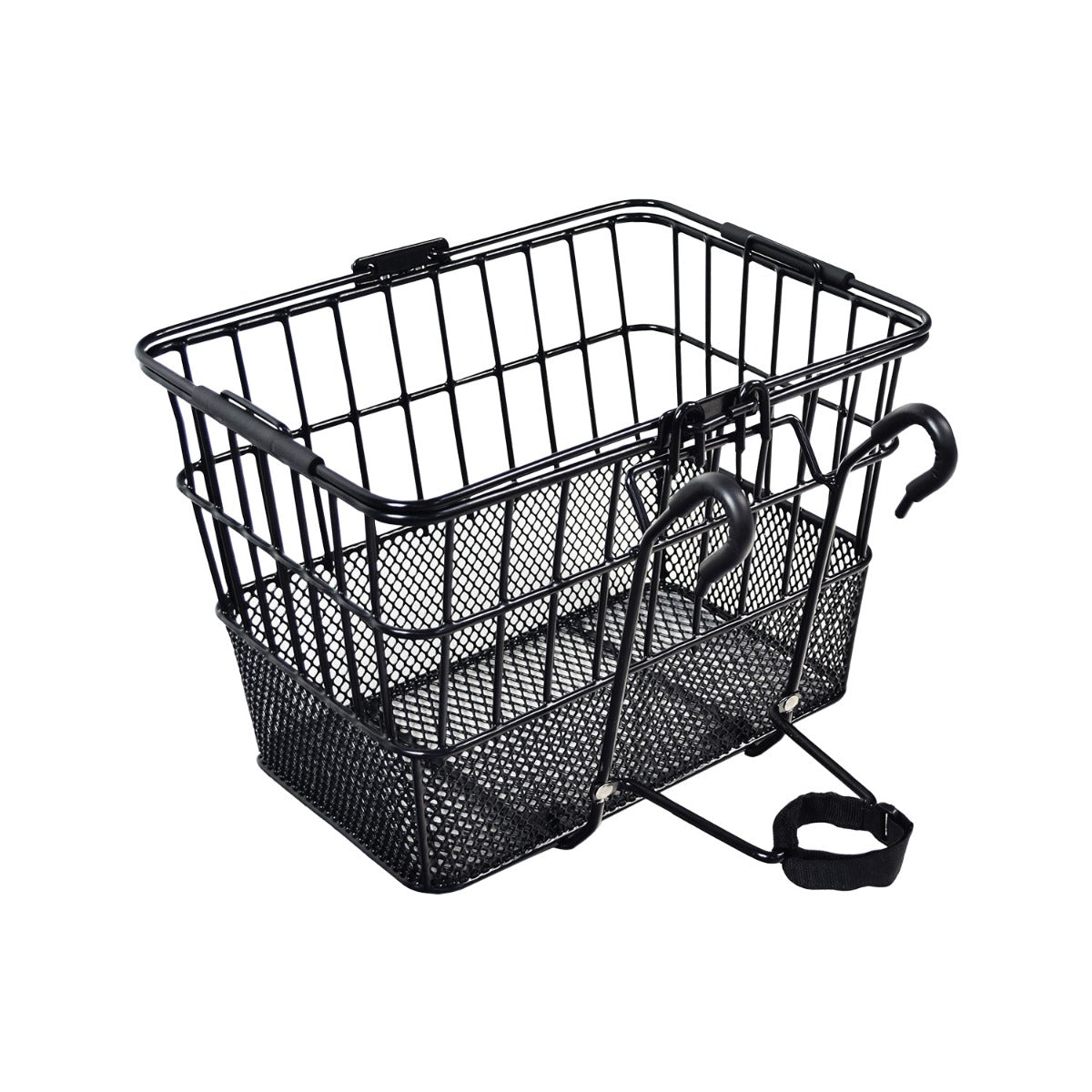 Lift-Off Wire Basket with Mesh Bottom featuring a sturdy handle, perfect for bikes or scooters. This black basket offers practical storage solutions for various rides, enhancing convenience and functionality.