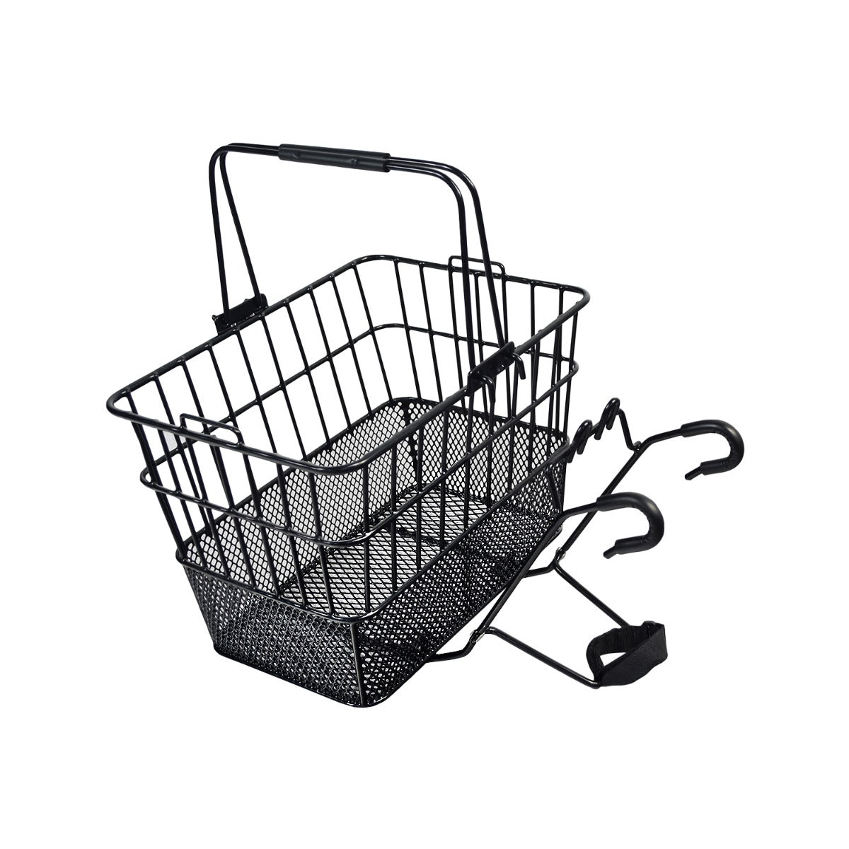 Lift-Off Wire Basket with Mesh Bottom, featuring black hooks and a handle, ideal for bikes and scooters. The close-up highlights the sturdy mesh bottom for secure storage.