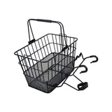 Lift-Off Wire Basket with Mesh Bottom (Blemished) featuring black hooks and a handle, designed for bikes and scooters. Ideal for carrying items easily.