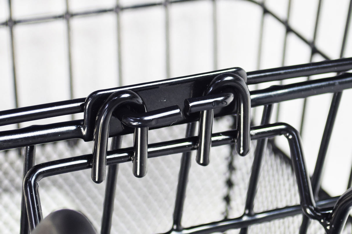 Close-up of the Lift-Off Wire Basket with Mesh Bottom, featuring a sturdy black metal construction ideal for bikes and scooters, showcasing hooks and a mesh base for secure storage.