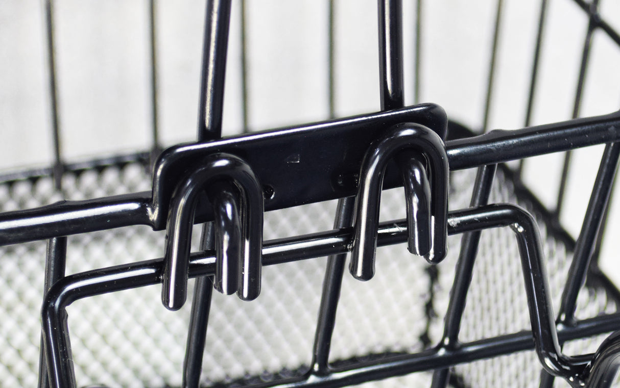 Lift-Off Wire Basket with Mesh Bottom (Blemished) - close-up of black metal hook and wire construction, ideal for bikes and scooters, showcasing durable design and practical accessory use.