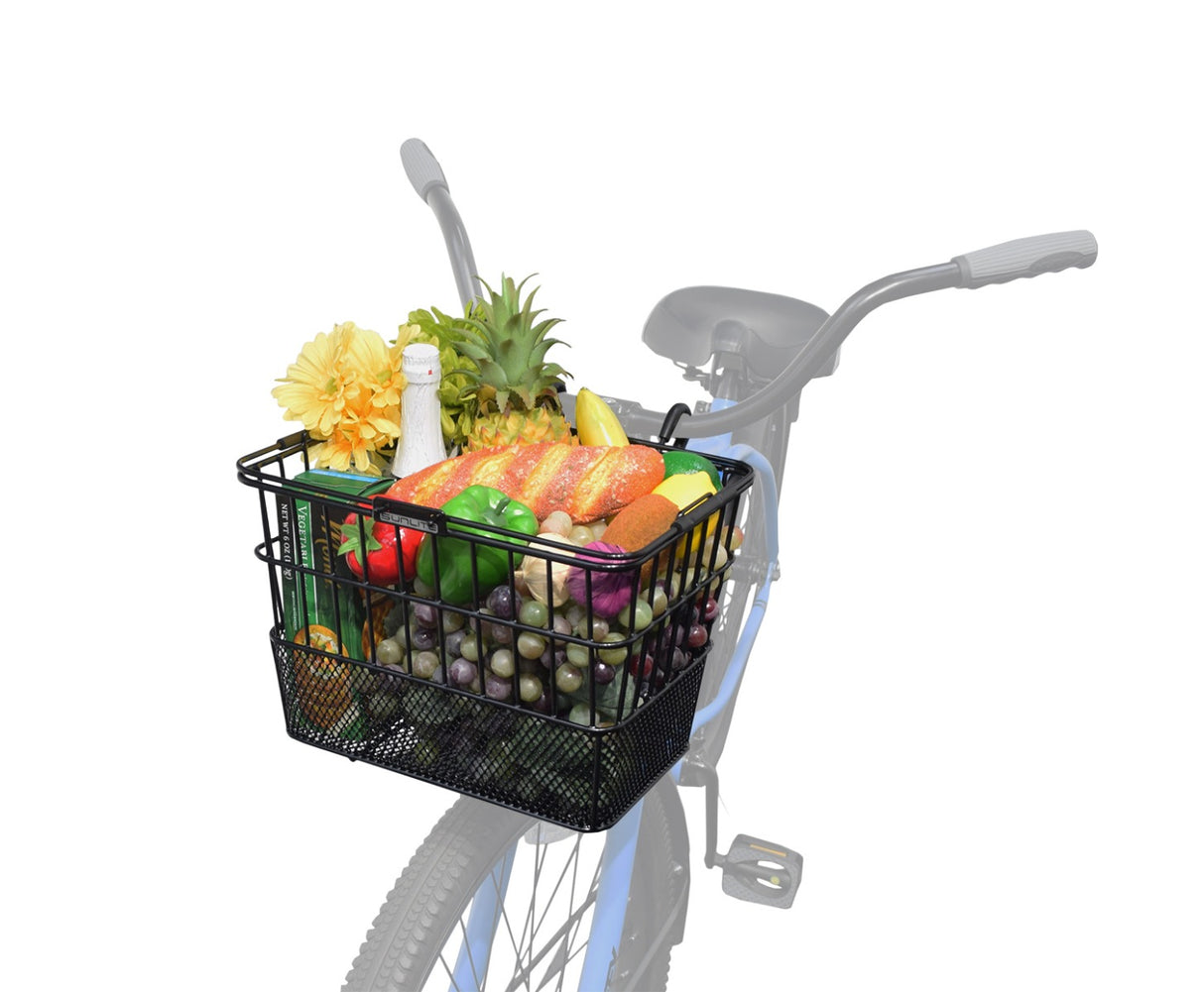 Lift-Off Wire Basket with Mesh Bottom (Blemished) attached to a bicycle, filled with various fruits and vegetables, including a pineapple, bell pepper, and a bottle of water.