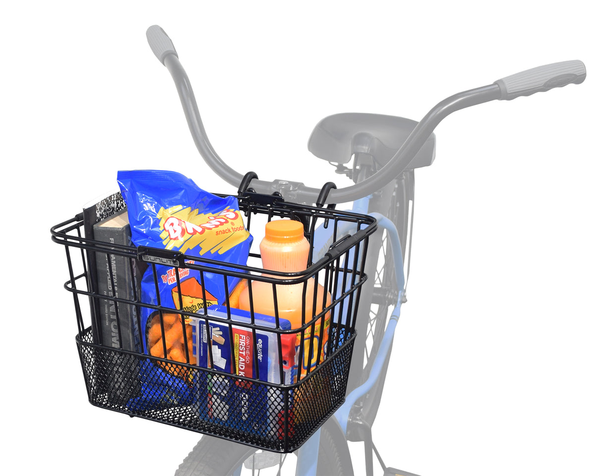 Lift-Off Wire Basket with Mesh Bottom (Blemished) mounted on a bicycle, filled with food items, showcasing its practical usage for carrying groceries.