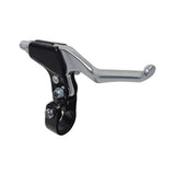 Locking Brake Levers Pair: Close-up of black and silver brake levers designed for cantilever and caliper brakes, featuring forged alloy construction and a locking mechanism for 7/8 handlebars.