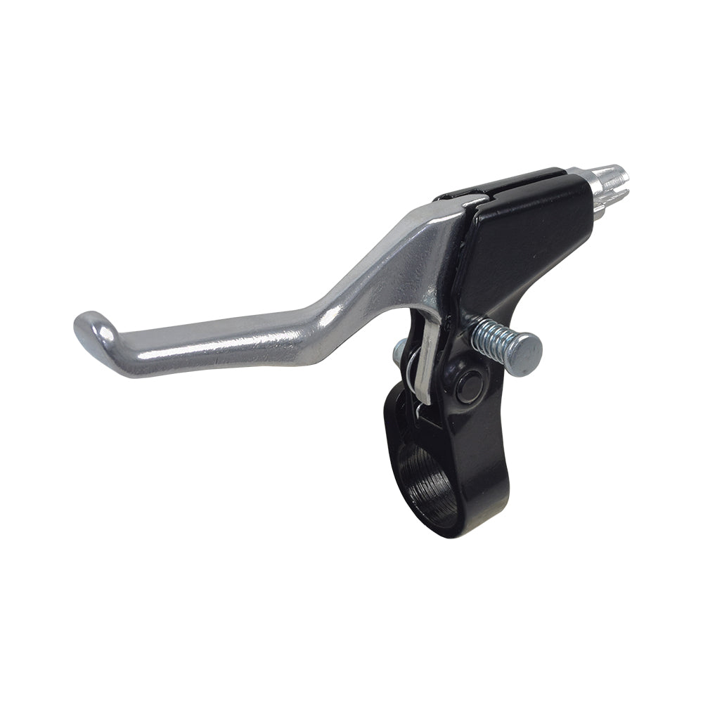 Locking Brake Levers Pair by Sunlite, showcasing black and silver forged alloy construction, compatible with cantilever and caliper brakes, designed to fit 7/8 (22.2mm) handlebars, featuring a close-up of a screw.