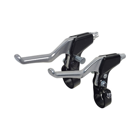 Locking Brake Levers Pair for cantilever and caliper brakes, made of forged alloy, designed to clamp onto 7/8 handlebars, featuring a locking mechanism to keep the brake engaged.