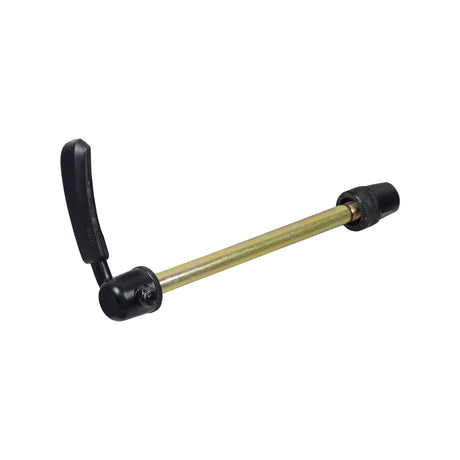 Close-up of the Bike Block Fork Mount 9mm Skewer, featuring a metal rod with a black cap and a black and gold screw, ideal for bikes and scooters.