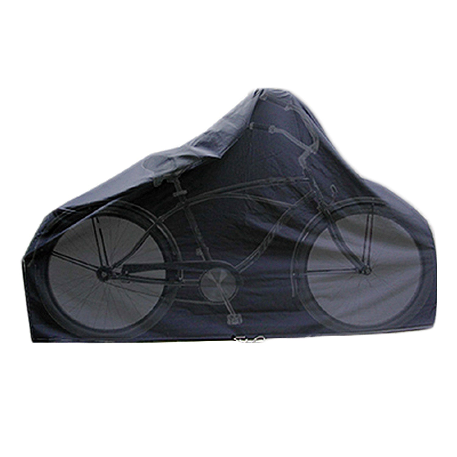 Heavy Duty Bicycle Cover with Draw String shown covering a bicycle, demonstrating its size and protective features. Ideal for various scooters and bikes, emphasizing its water-resistant vinyl material.