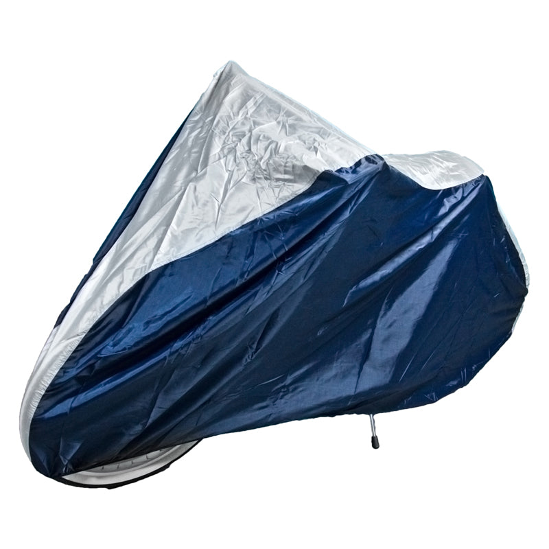 Pro Nylon Bicycle Cover shown as a blue and white tent-like tarp, ideal for protecting bicycles and scooters.