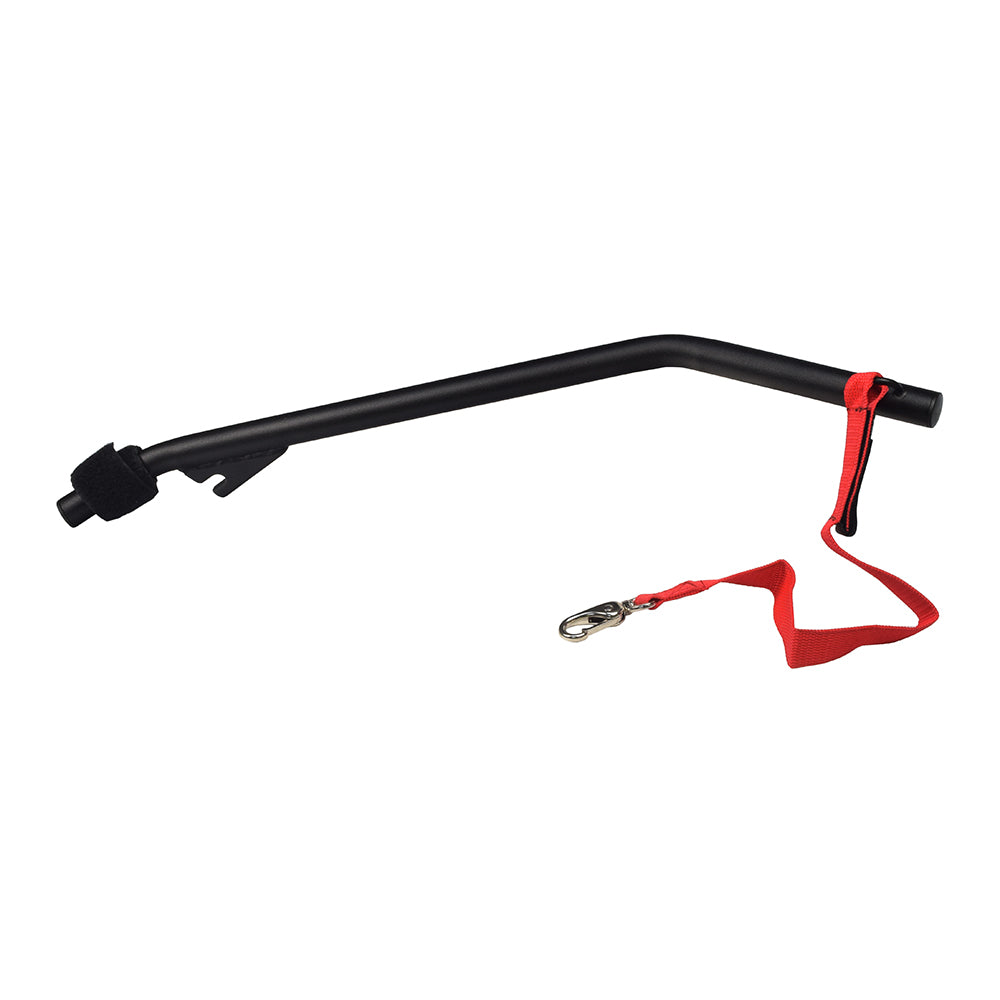 Bicycle Dog Leash: A metal bar with an attached red strap, designed to connect to a bike's rear wheel axle, ensuring a secure and active ride with your dog.