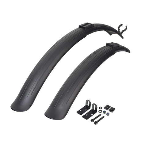 Black Plastic Clip-On Fenders for bikes or scooters, showcasing a pair of durable black plastic fenders with an accompanying black metal bracket, screws, and bolts for easy attachment.