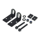 Black Plastic Clip-On Fenders featuring a close-up view of a black metal bracket with screws and bolts, ideal for enhancing bikes and scooters with Sunlite's practical and fun accessories.