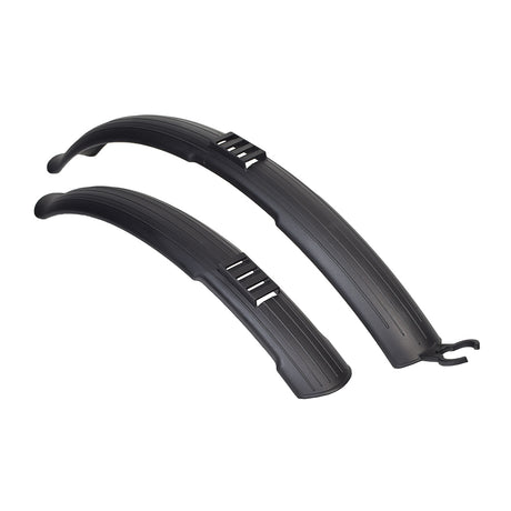 Black Plastic Clip-On Fenders for bikes or scooters, featuring a pair of curved, lightweight black plastic fenders designed for easy attachment.