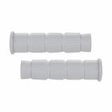 Classic Grips: A close-up of a pair of white handlebar grips made of soft kraton rubber, ideal for snowmobiles, scooters, ATVs, dirt bikes, mini bikes, and bicycles.