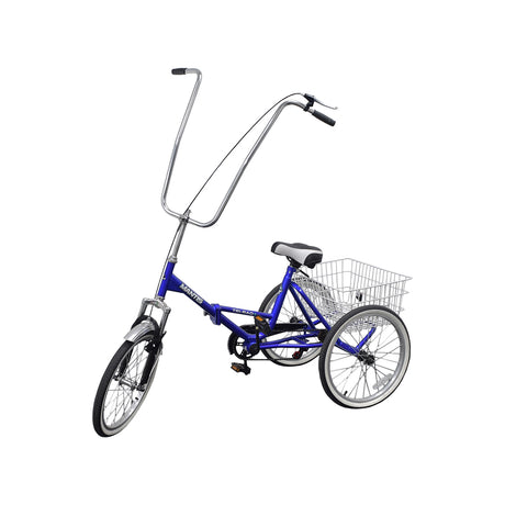 Tall D-Cruiser Handlebar (7/8 Tube) showcased on a blue tricycle with a basket, featuring retro ape hanger style, highlighting the high-rise, distinctive chopper bicycle design.