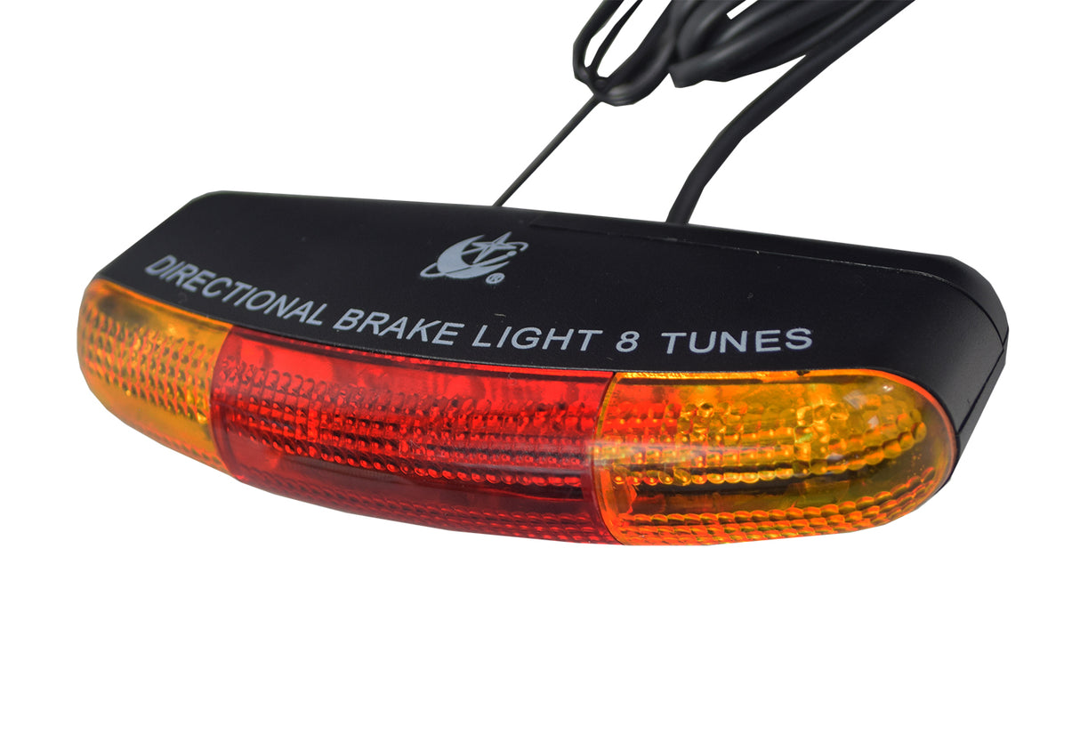 Battery Operated Brake Light & Turn Signal Taillight Assembly with Horn for Bikes & Scooters, featuring a close-up of the brake light and control panel for handlebar mounting.