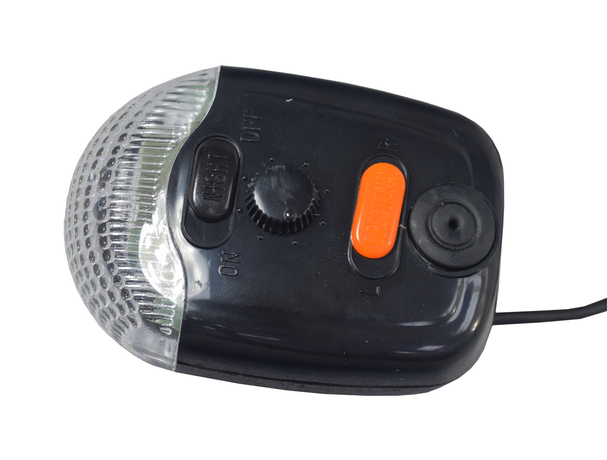 Battery Operated Brake Light & Turn Signal Taillight Assembly with Horn for Bikes & Scooters, featuring a black round button, mounted control panel, and multiple LEDs.