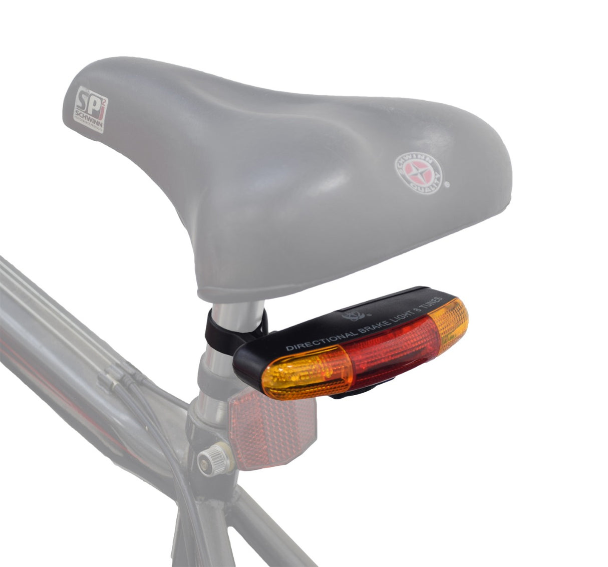 Battery Operated Brake Light & Turn Signal Taillight Assembly with Horn for Bikes & Scooters, showing a close-up of the bicycle seat area with a red reflector and control panel.