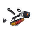 Battery Operated Brake Light & Turn Signal Taillight Assembly with Horn for Bikes & Scooters, featuring a clip, cable, control panel, and 11 LEDs, visible with a close-up of the brake light.