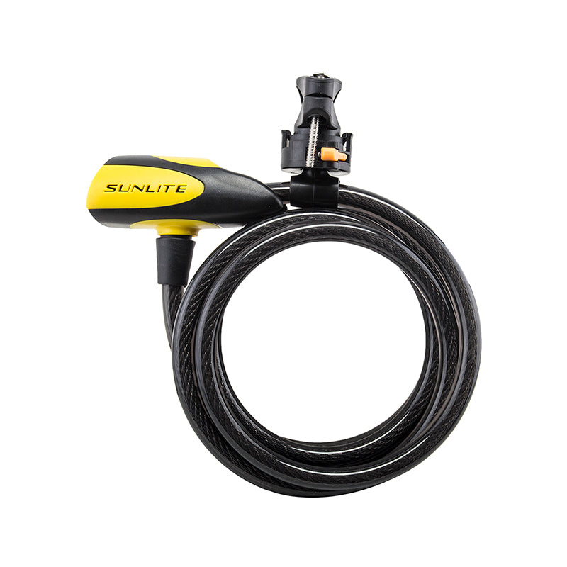 Coil Cable with Integrated Lock: A heavy-duty bicycle lock featuring a six-foot steel coil cable and an integrated locking mechanism, designed with a scratch-free housing and accompanied by two keys.