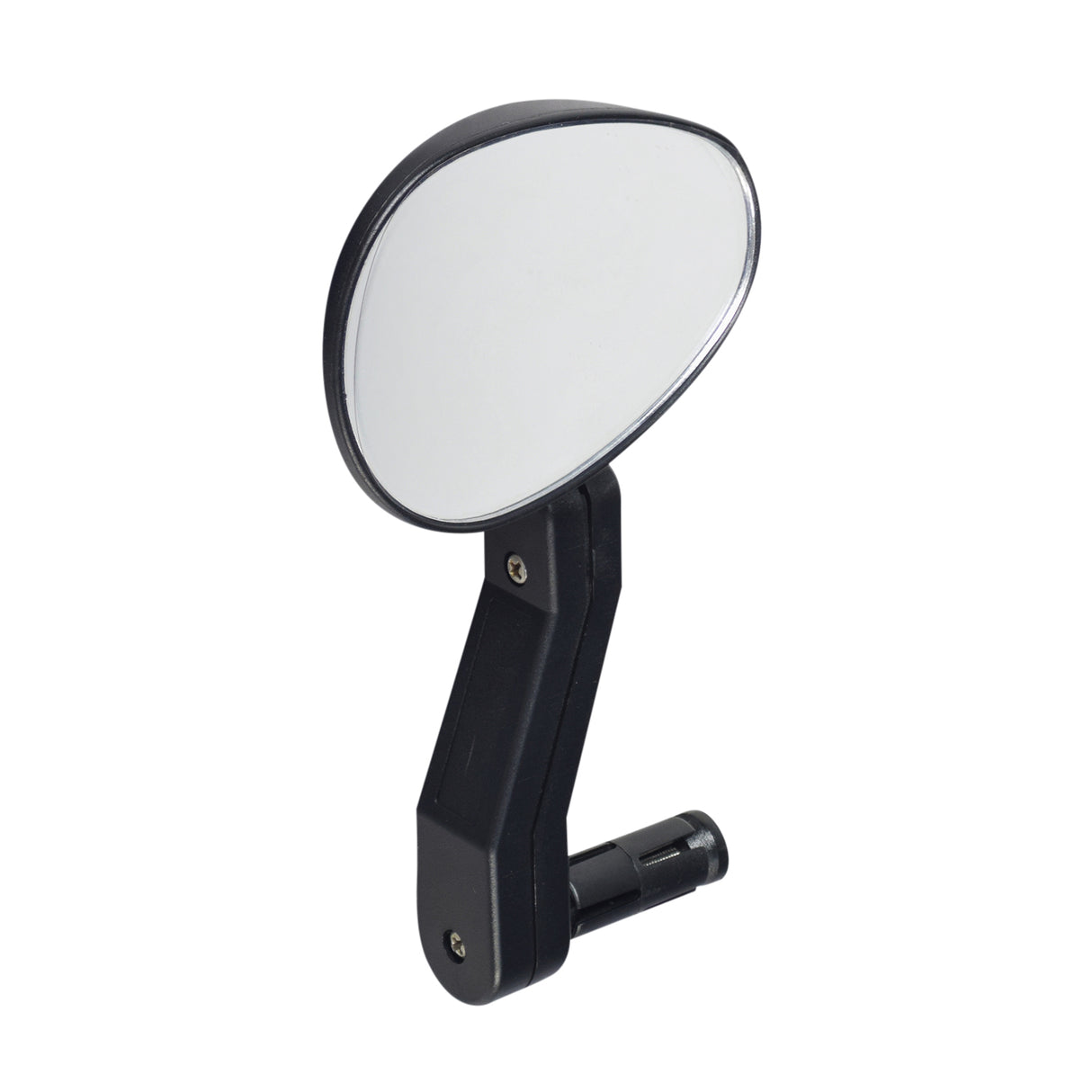 Rear View Mirror for Rascal 300 mobility scooter, elliptical shape, designed for left-side mounting but versatile for either side, featuring a black handle and bar-end mount suitable for various handlebar grips.