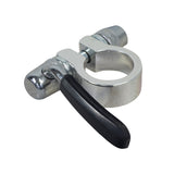 Silver Alloy Seat Clamp with Quick Release for 31.8 mm Posts, featuring a metal ring and black handle, designed for easy adjustments on bikes and scooters.