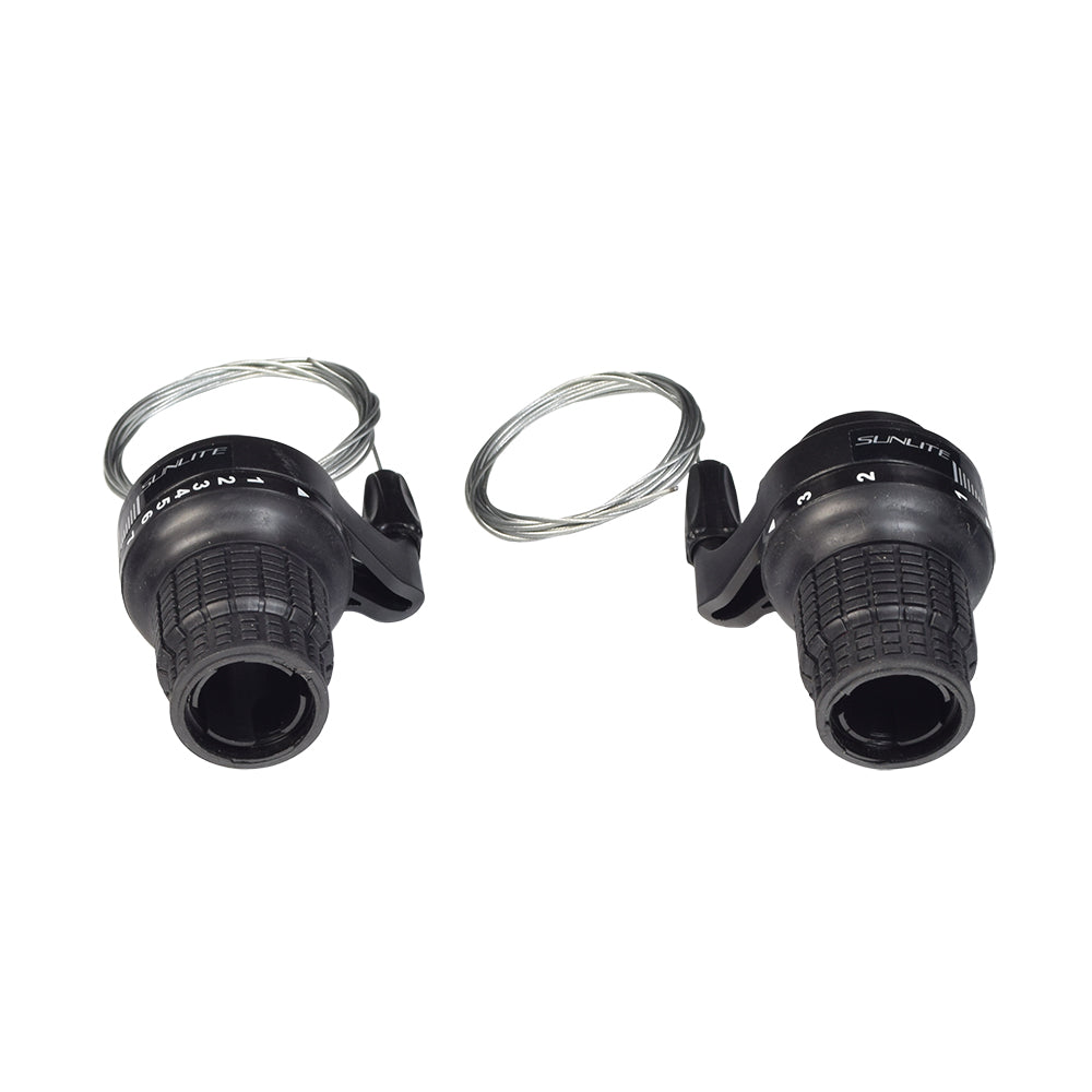 TS Twist Shifter for 3x7 Shimano Gears (Set of 2), featuring close-ups of the twist shifters, cables, and handlebar components, ideal for enhancing bike or scooter gear shifting performance.