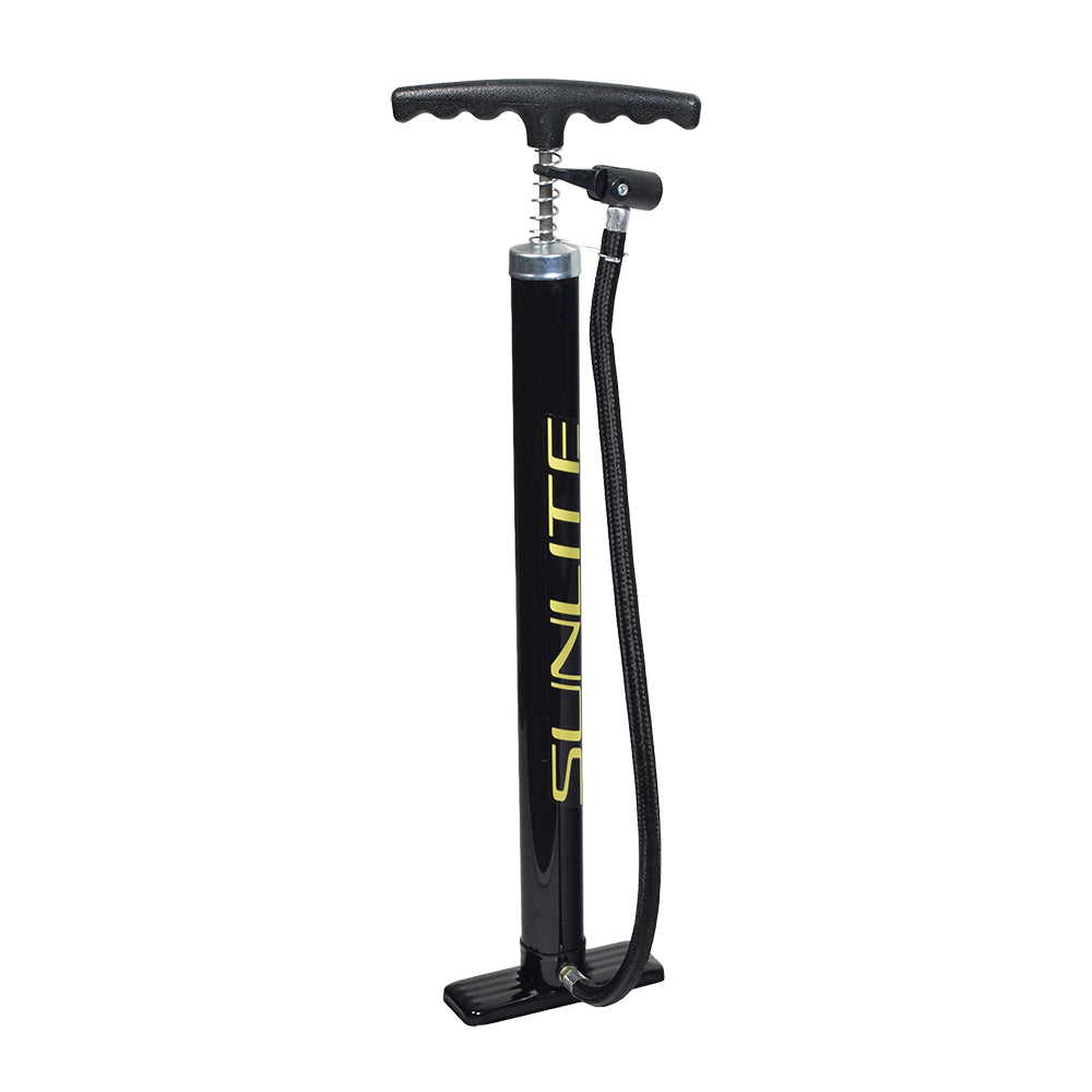 Model D 15 Floor Pump with a black handle and tube, designed for bikes and scooters. This Sunlite pump is practical for various vehicles, ensuring easy inflation.