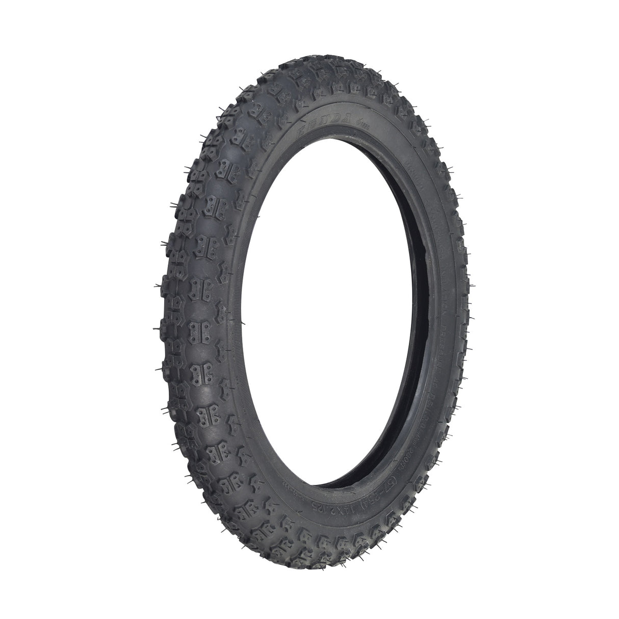 14x2.125 Black MX3 Bicycle Tire with K50 Tread by Kenda shown against a white background, highlighting its knobby tread pattern for enhanced grip.