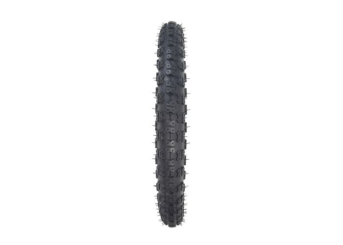 14x2.125 (57-254) Pneumatic Tire for Electric Bikes, featuring a close-up of a black knobby tire with spikes, ideal for both soft ground and hard concrete, requiring an inner tube.