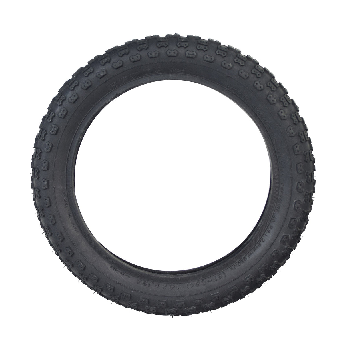 14x2.125 Black MX3 Bicycle Tire with K50 Tread, showcasing a durable black rubber tire with a knobby tread pattern, ideal for bike replacements.