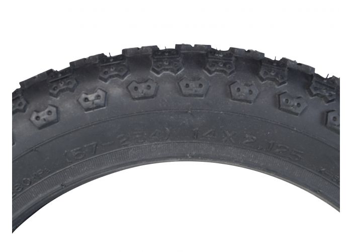 14x2.125 (57-254) Pneumatic Tire for Electric Bikes featuring a knobby tread pattern, ideal for both soft ground and hard concrete.