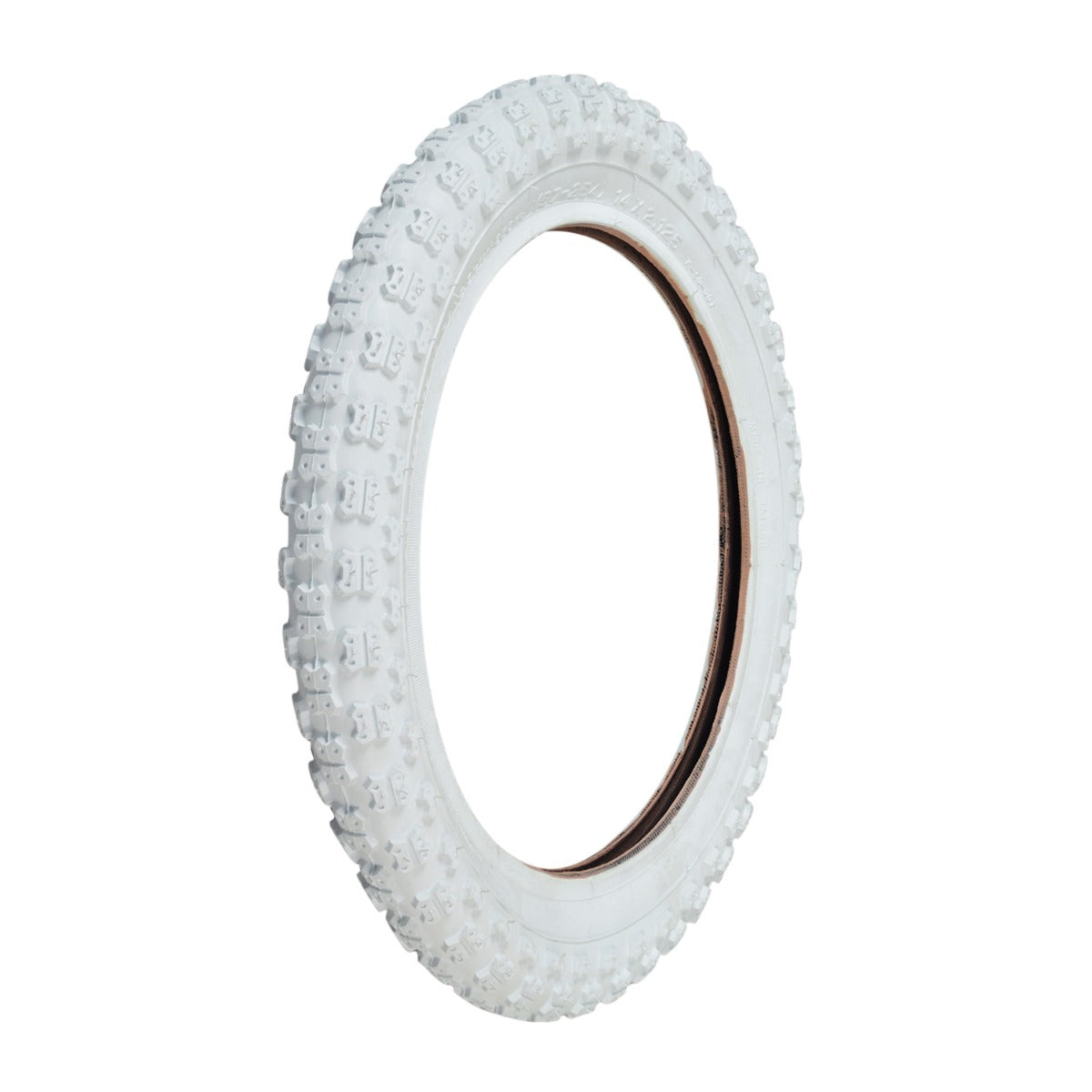 14x2.125 White MX3 Bicycle Tire by Sunlite, featuring a sleek, circular design with a smooth surface. Perfect for replacing old bike tires, offering reliability and compatibility with 14-inch rims.