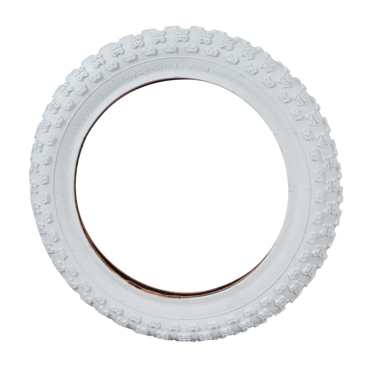 14x2.125 White MX3 Bicycle Tire by Sunlite, featuring a clean, circular design with a central hole, ideal for replacing old bike tires.